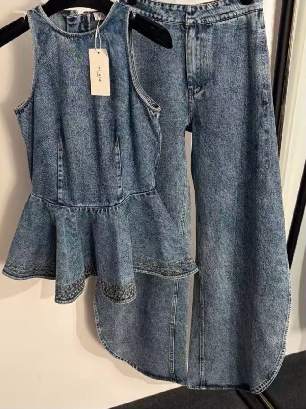 Alaïa Washed Blue Denim Peplum Top and Wide-Leg Jeans Set #SC box